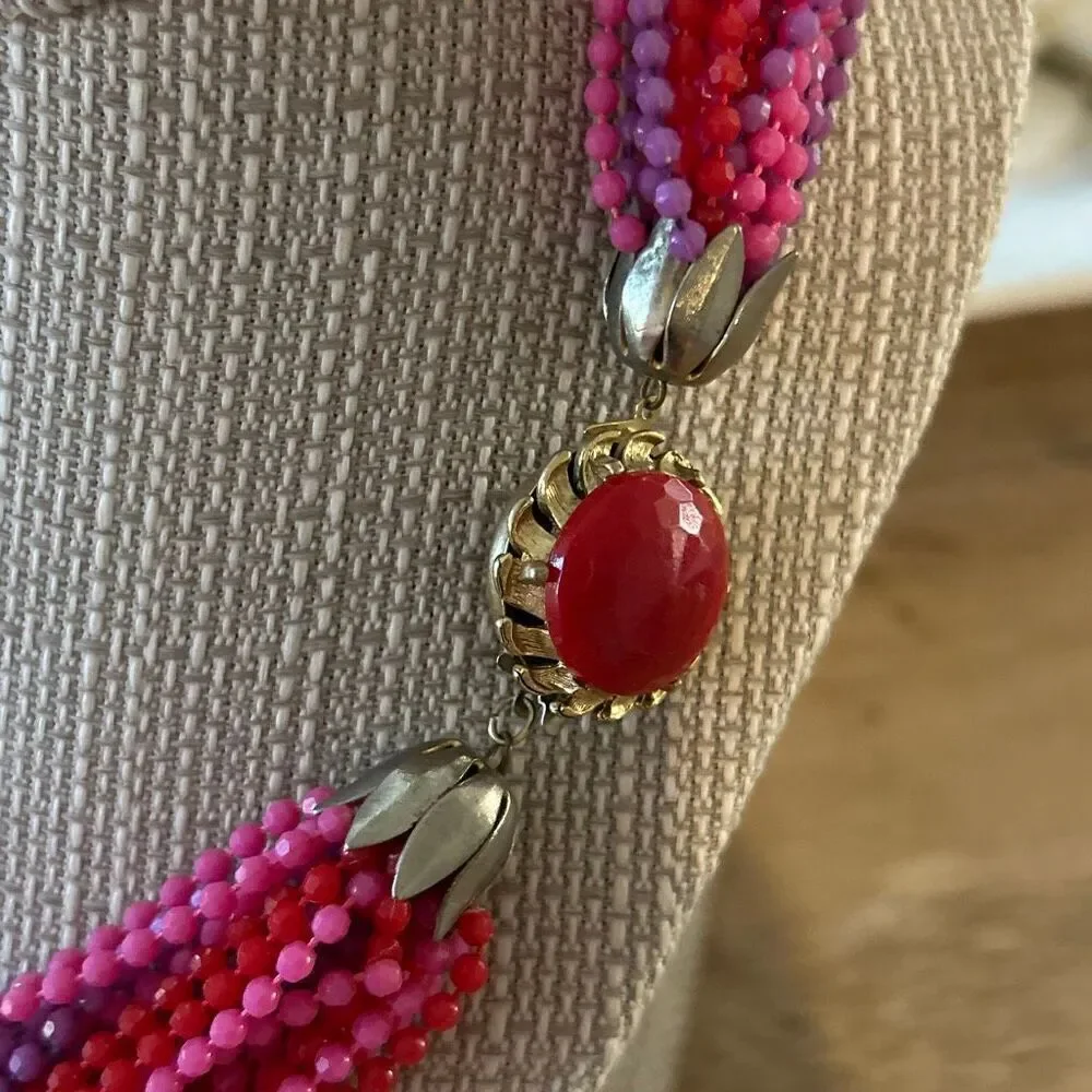 Vintage multi strand purple pink red beaded necklace with decorative clasp